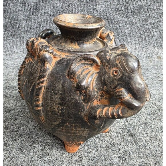 Elephant-Themed Black Terracotta Decorative Pot Made In Thailand - Picture 1 of 9